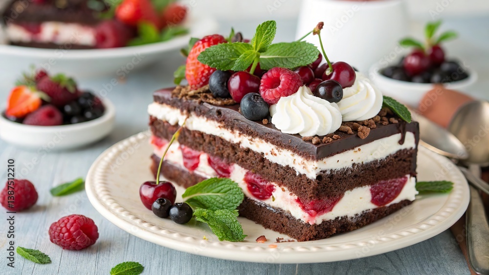 Decadent black forest cake topped with fresh berries and mint on a dessert plate Decadent black forest cake topped with fresh berries and mint on a dessert plate