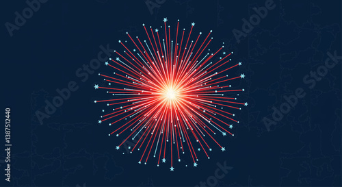 Banner-sized image with a dark blue background. Stylized fireworks explosion, red, white, and light blue, in a flat vector style, with clear lines, on a dark blue background. Vector Illustration