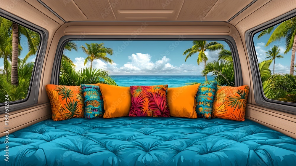 A relaxing campervan interior with a cozy bed facing an open door view of swaying palm trees and ocean breeze, capturing wanderlust and freedom.