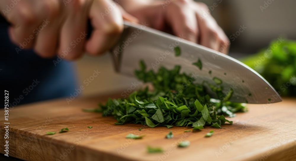 Close up of hands chopping fresh herbs on a wooden cutting board with a chefs knife. Focus on green leaves. Cooking concept. Close up of hands chopping fresh herbs on a wooden cutting board with a chefs knife. Focus on green leaves. Cooking concept.