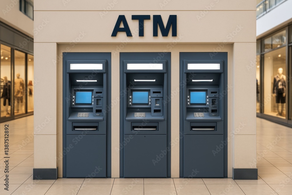 Three modern ATMs built into a mall wall with a clean blue-gray finish under a bold Three modern ATMs built into a mall wall with a clean blue-gray finish under a bold