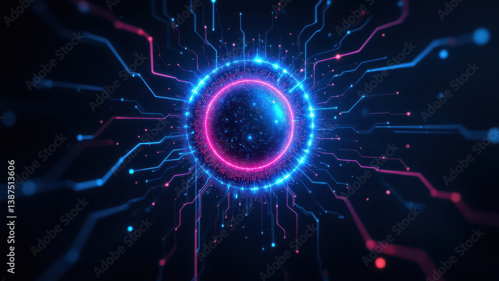 Fototapeta premium Cybersecurity interface with digital neon-colored circuitry and data flow.