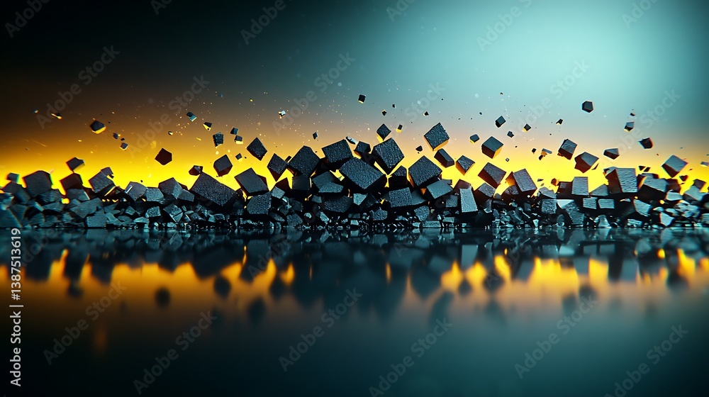 Obraz premium Abstract representation of floating cubes against a gradient backdrop with reflections