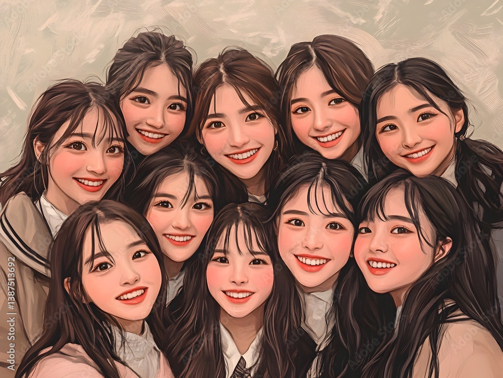 Obraz premium A group of ten smiling young women pose closely together for a cheerful portrait illustration with pastel tones.