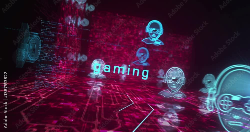 Gamer esport video game player head symbol abstract cyber concept. Digital technology background seamless and loopable dynamic 3d animation.