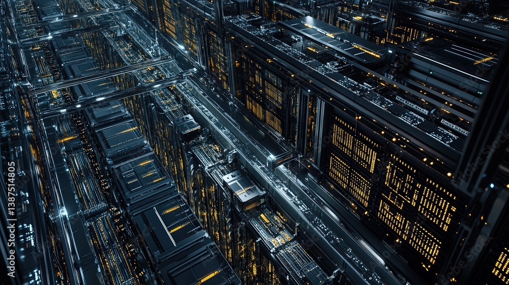 A dynamic view of a large data center captures the intricate layout of servers and storage units A dynamic view of a large data center captures the intricate layout of servers and storage units