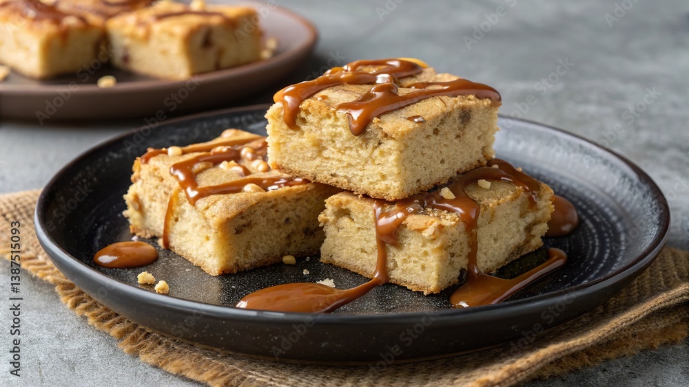 Caramel drizzle blondies with a soft, buttery texture presented on a textured black plate Caramel drizzle blondies with a soft, buttery texture presented on a textured black plate