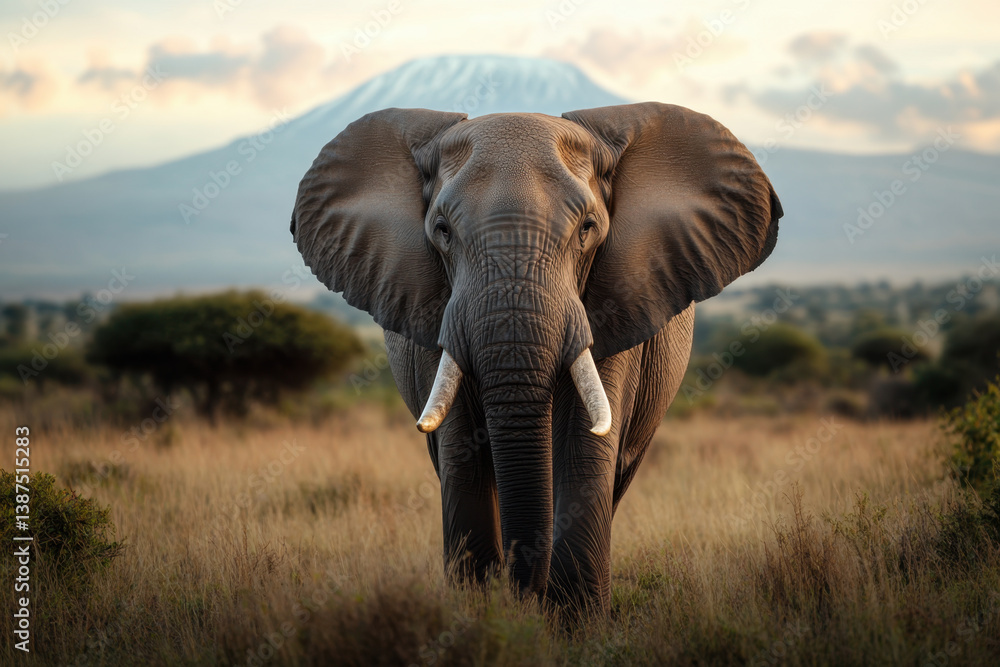 Fototapeta premium majestic elephant stands prominently in foreground, showcasing its large ears and tusks against stunning backdrop of mountain and serene landscape. scene evokes sense of tranquility and awe