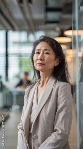 Confident senior Asian executive woman standing by the window in a modern new office, contemplating future opportunities