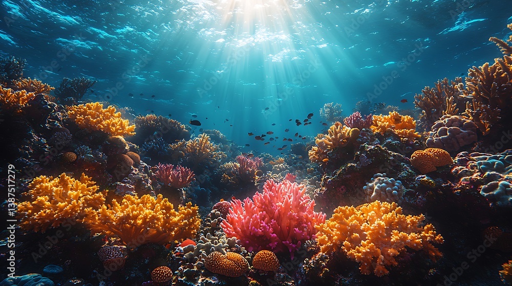 Fototapeta premium Underwater Oasis: A vibrant coral reef thrives beneath the sun's embrace, a world of radiant life teeming with exotic creatures and plants