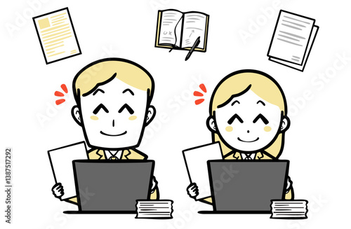 パソコンで仕事をする、スーツを着た若い男女