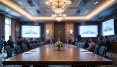 Wallpaper Mural Elegant Conference Room Wooden Table, Presentations, and Attendees Torontodigital.ca