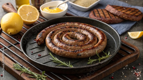 Delicious boerewors coil sizzling on a barbecue plate with fresh lemon wedges ready to enhance the flavor