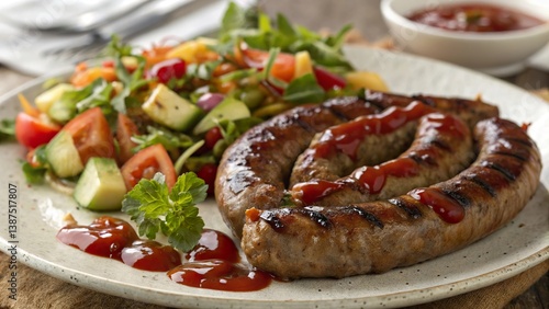 Close-up view of grilled boerewors drizzled with braai sauce served with fresh salad