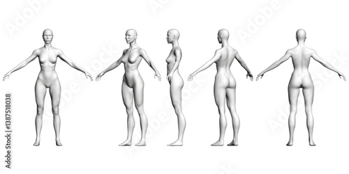 A series of five different female figures are shown in various poses. The figures are all white and appear to be computer-generated. The images are arranged in a row, with each figure standing upright