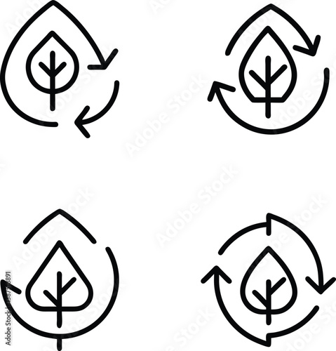 Minimalist leaf icons, recycling symbols, eco-friendly design, black and white line art, sustainability concept, circular arrows, environmental conservation, simple vector graphics, organic shapes, re