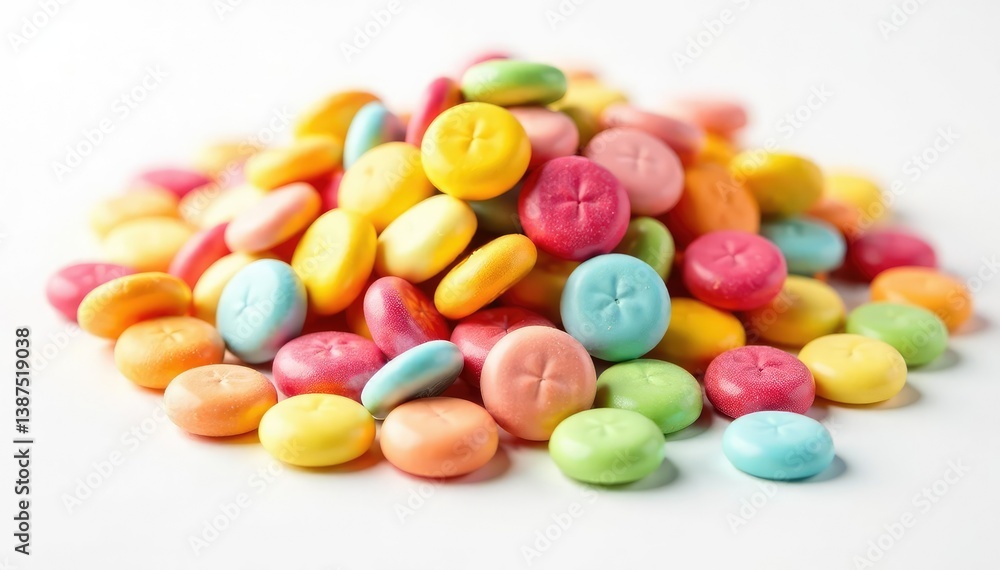 Pile of colorful candy and chips on white background, cookie, fries Pile of colorful candy and chips on white background, cookie, fries