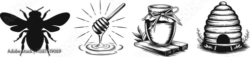 Set of honey bee and honey, vector illustration.
