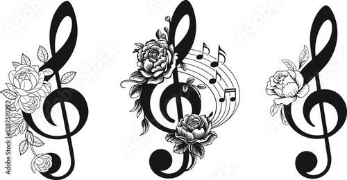 Set of music floral notes, vector illustration.