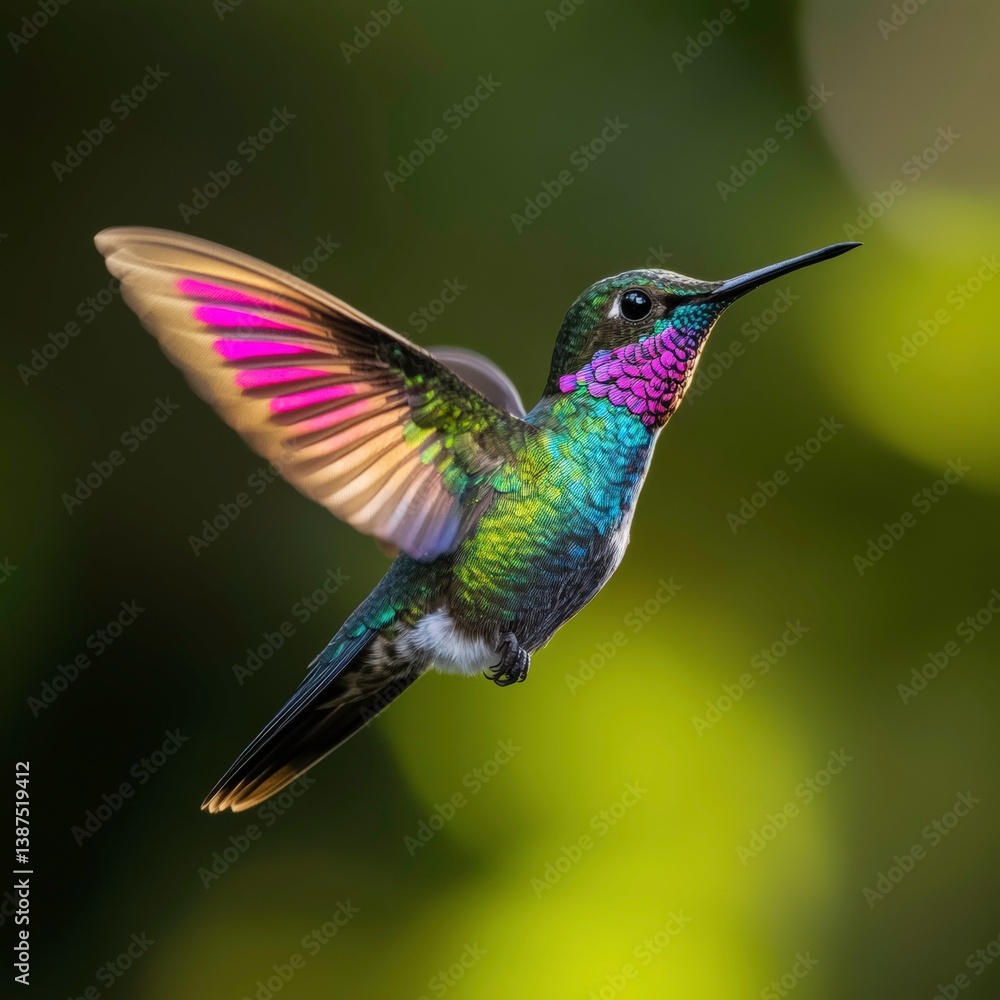 Fototapeta premium Colorful hummingbird hovering in a natural garden setting during daylight hours