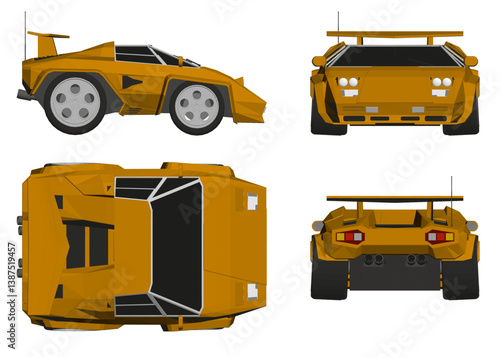 A cartoon car with a yellow body and a black roof. The car is shown from the front, back, and side