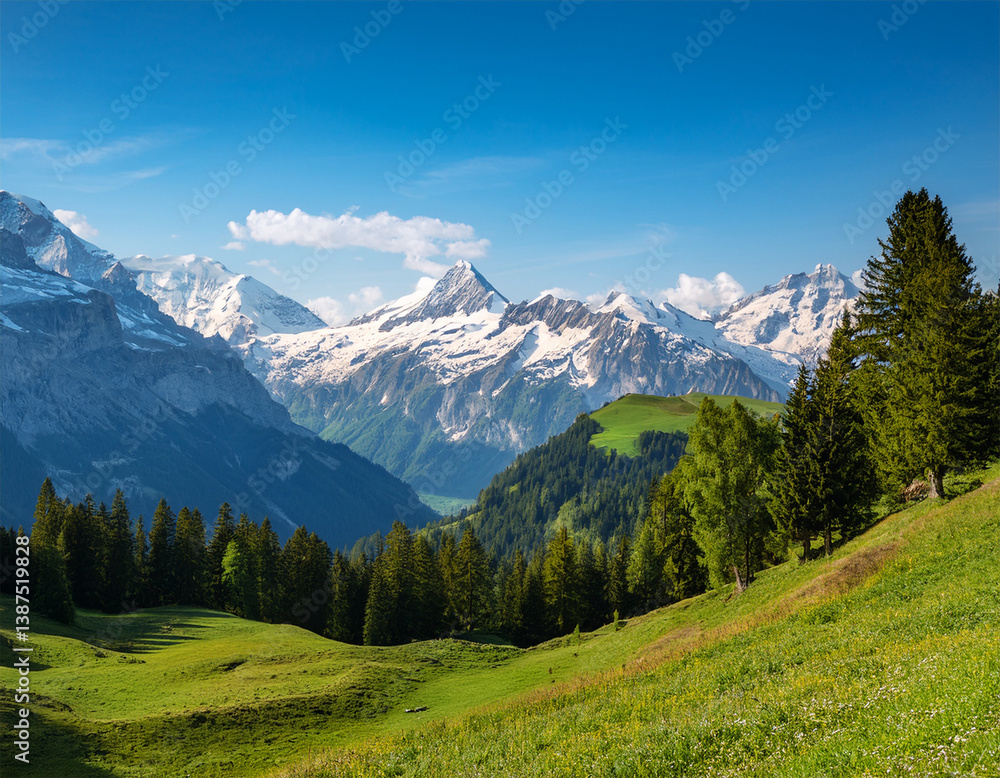 Obraz premium swiss alps mountain range with lush forest valleys and meadows countryside in switzerland landscape snowy mountain tops in the horizon travel destination wallpaper background