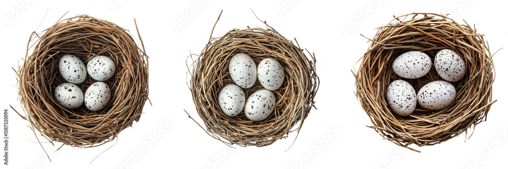A set of natural woven bird nests with eggs, A collection of delicate wildlife textures Isolated on transparent Background A set of natural woven bird nests with eggs, A collection of delicate wildlife textures Isolated on transparent Background