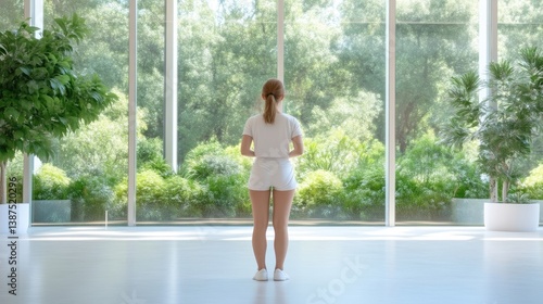 Free Download Woman in white workout clothes stands in a modern, bright space with large windows overlooking a lush garden - GFXLoad