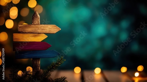 A wooden signpost with vibrant arrows points in various directions, surrounded by soft glowing lights during evening ambiance