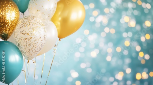 Wallpaper Mural Balloons in gold, white, and turquoise float against a glimmering backdrop, ideal for parties, birthdays, and special occasions Torontodigital.ca