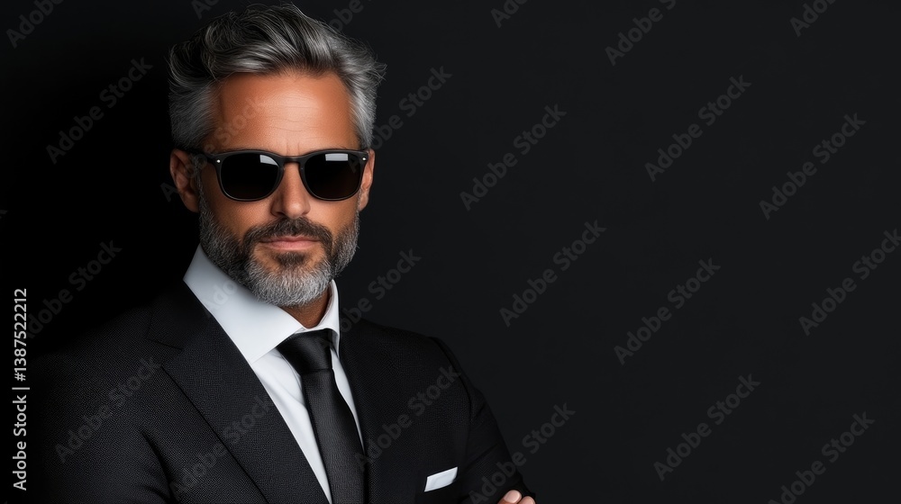 Mature man in a black suit, sunglasses, and a tie, confident and stylish Mature man in a black suit, sunglasses, and a tie, confident and stylish