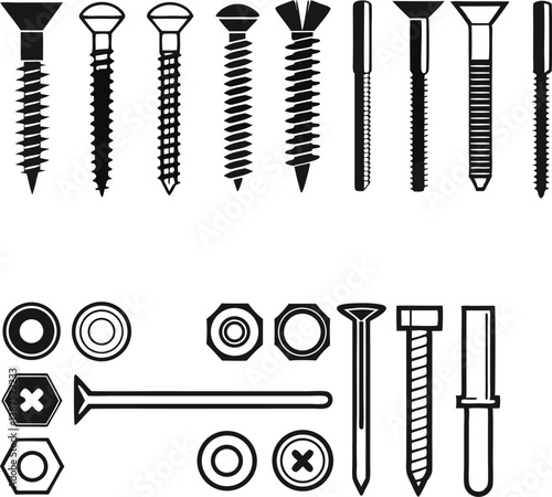 Hardware tools, black and white illustration, screws, bolts, nails, nuts, washers, precision line art, minimalist design, technical drawing style, construction elements, fasteners, DIY components, mon