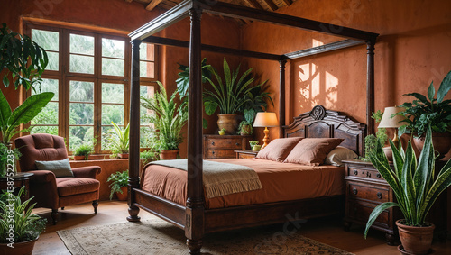 Konstfotografi Elegant Bedroom With Canopy Bed And Lush Green Plants Interior Design