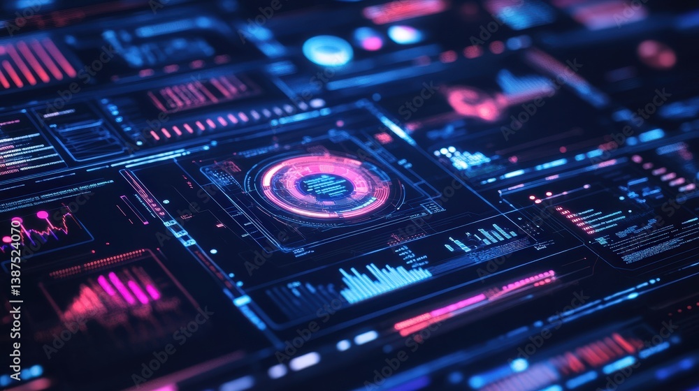 A hyper-modern tech interface with floating data screens, interactive UI panels, and holographic analytics A hyper-modern tech interface with floating data screens, interactive UI panels, and holographic analytics