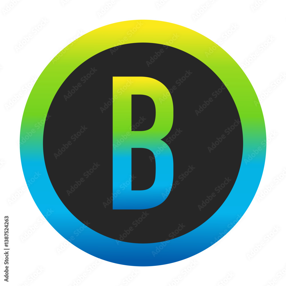Harmonious Sunny Yellow, Fresh Grass Green, and Deep Ocean Blue Gradient Symbol Capital Letter B on a Dark Slate Gray Circle with a Matching Seamless Color Transition Ring Harmonious Sunny Yellow, Fresh Grass Green, and Deep Ocean Blue Gradient Symbol Capital Letter B on a Dark Slate Gray Circle with a Matching Seamless Color Transition Ring