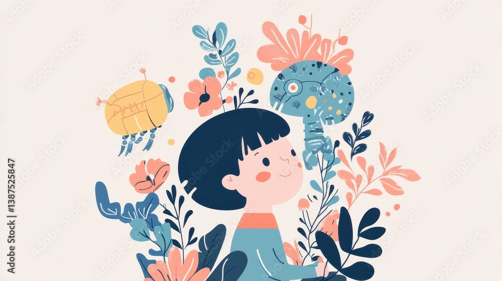 Whimsical Child in Nature with Colorful Creatures Whimsical Child in Nature with Colorful Creatures