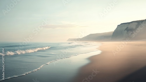 Coastal Serenity, Tranquil Beach Scene with Cliffs and Gentle Waves