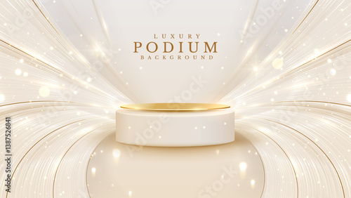 Elegant stage backdrop with golden podium and lights shining from behind With bokeh decoration. Cream elegant background Suitable for product promotions and award ceremonies.