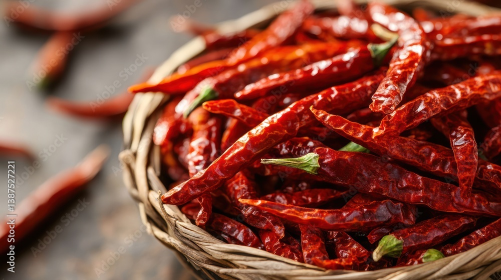 A woven basket filled with dried red chili peppers A woven basket filled with dried red chili peppers