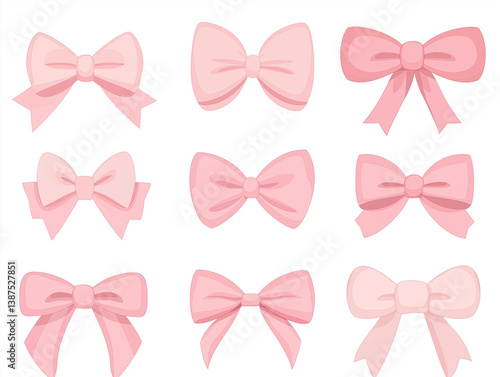 Set of Pink Decorative Bows with Detailed Textures and Various Shapes
