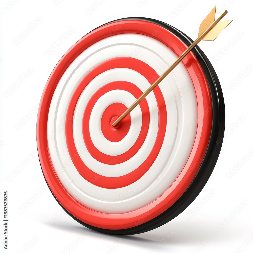 Arrow hits the center of a red and white target on white background. Arrow hits the center of a red and white target on white background.