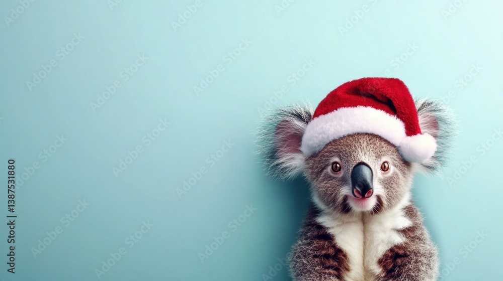 A cheerful koala is dressed in a Santa hat, smiling against a soft blue backdrop, celebrating the festive season joyfully A cheerful koala is dressed in a Santa hat, smiling against a soft blue backdrop, celebrating the festive season joyfully