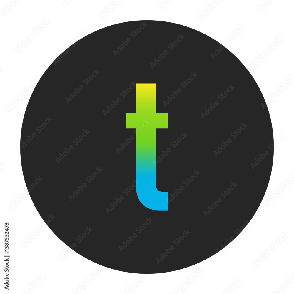 Obraz premium Luminous Yellow to Fresh Lime Green and Deep Cobalt Blue Gradient Lowercase Letter t on a Dark Charcoal Gray Circular Background