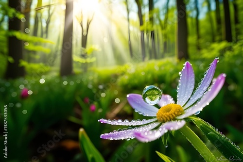 Macro shot of dew drop on a wild flower amidst a lush forest in the springtime, sunny, vibrant, large aperture, flower background