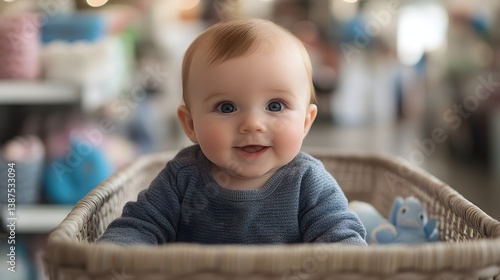 Adorable baby boy sitting in a woven basket smiles happily at the camera in a brightly lit store.
