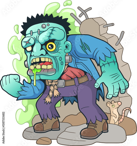 Cartoon Zombie Breaking Through Wall with Rat