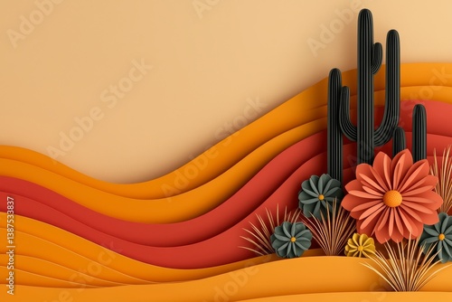 Abstract Desert Paper Art Warm Colored Waves, Black Cacti, and Floral Accents