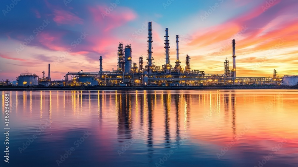 Naklejka premium Refined Sunset: Oil Refinery's Peaceful Reflection