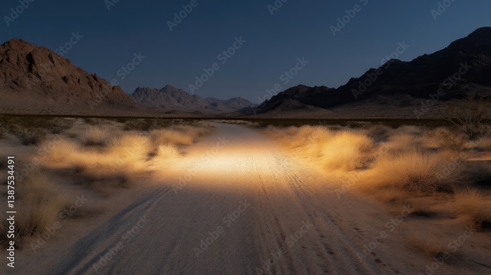 Fototapeta premium Desert road illuminated by headlights at twilight