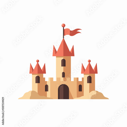 Sand castle with red flags on white background